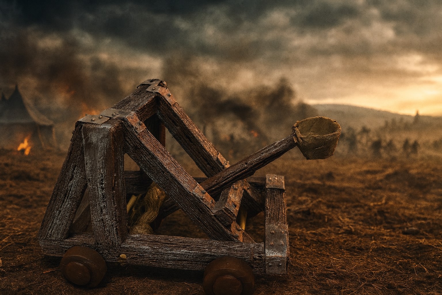 Catapult siege engine on the battlefield