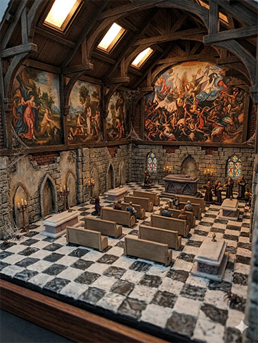 Sainte-Mère-Église Cathedral interior — pews, altar, and painted murals