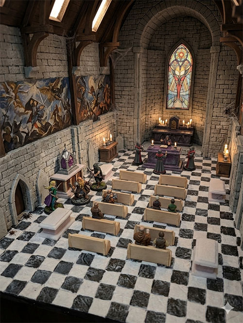 Sainte-Mère-Église Cathedral interior — stained glass window and altar with cultists