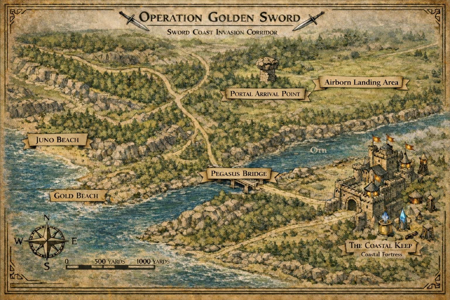 Map of the Landing Area - Juno Beach, Gold Beach, Coastal Keep, Watch Tower