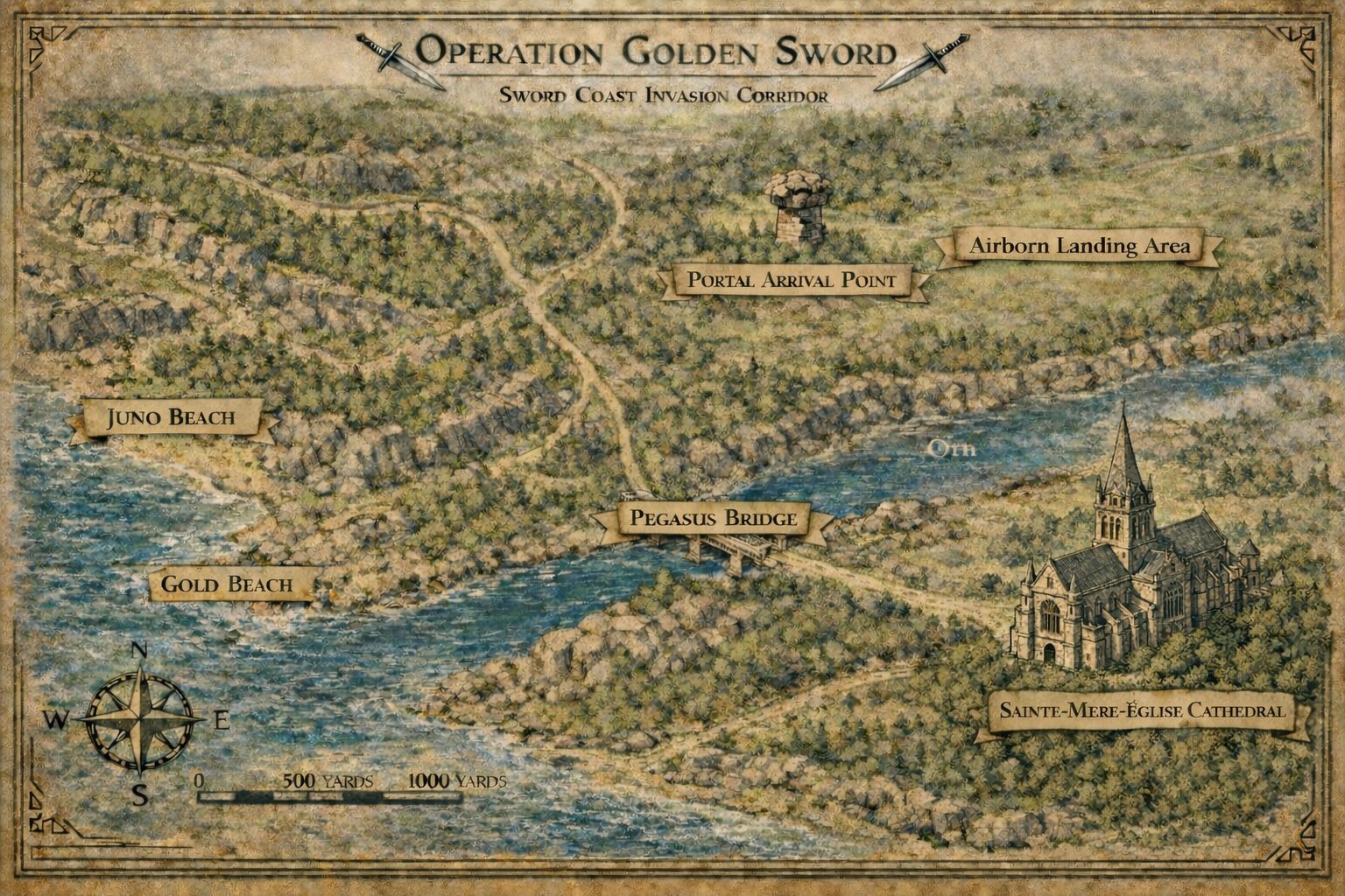 Map of the Landing Area - Juno Beach, Gold Beach, Sainte-Mère-Église Cathedral, Watch Tower