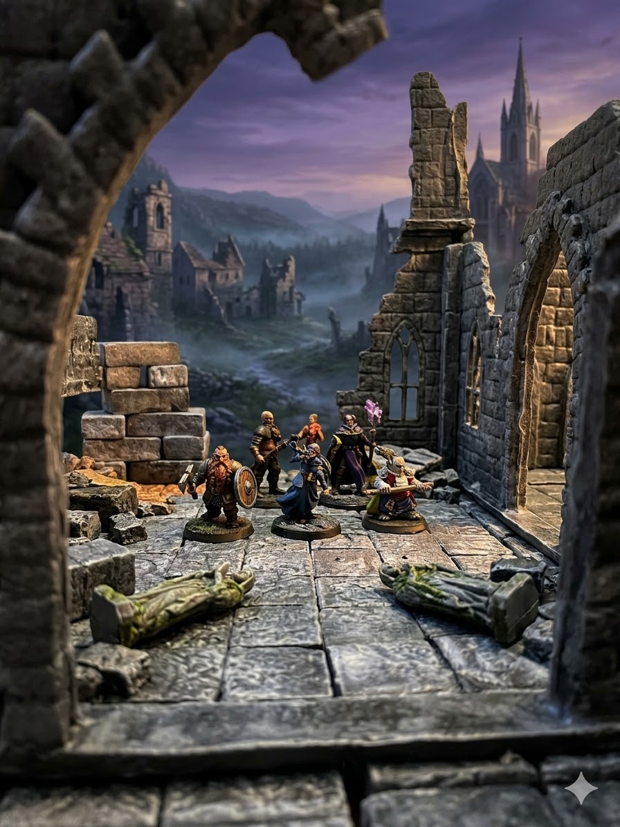 Adventurers arriving at the ruined walls of Sainte-Mère-Église Cathedral